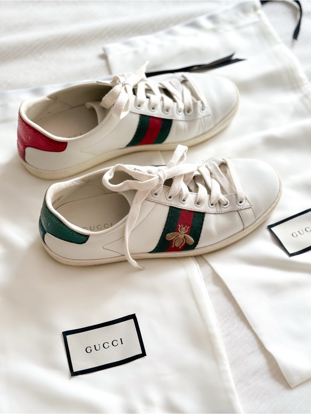 100% Authentic Gucci Ace Watersnake-Trimmed Leather Sneakers – Size 36|